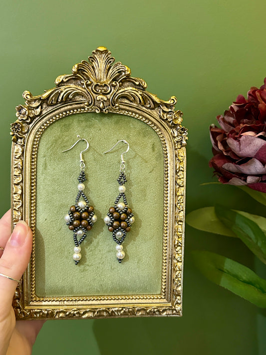HANDMADE VICTORIANA INSPIRED BEADED EARRINGS | BRONZE AND PEARL DROPS