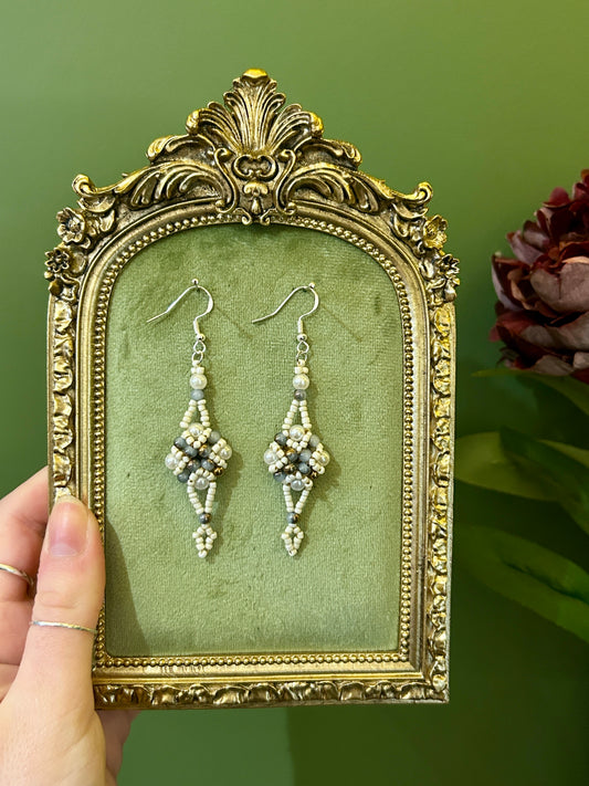 HANDMADE VICTORIANA INSPIRED BEADED EARRINGS | CREAM AND GOLDEN BLUE DROPS