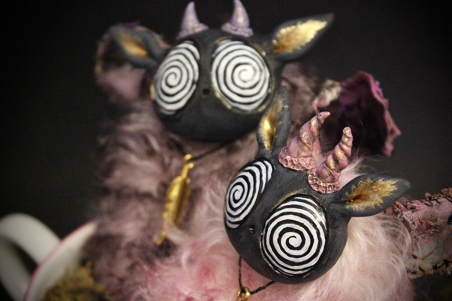 Mint and Raspberry the Moth Teacup Critter duo