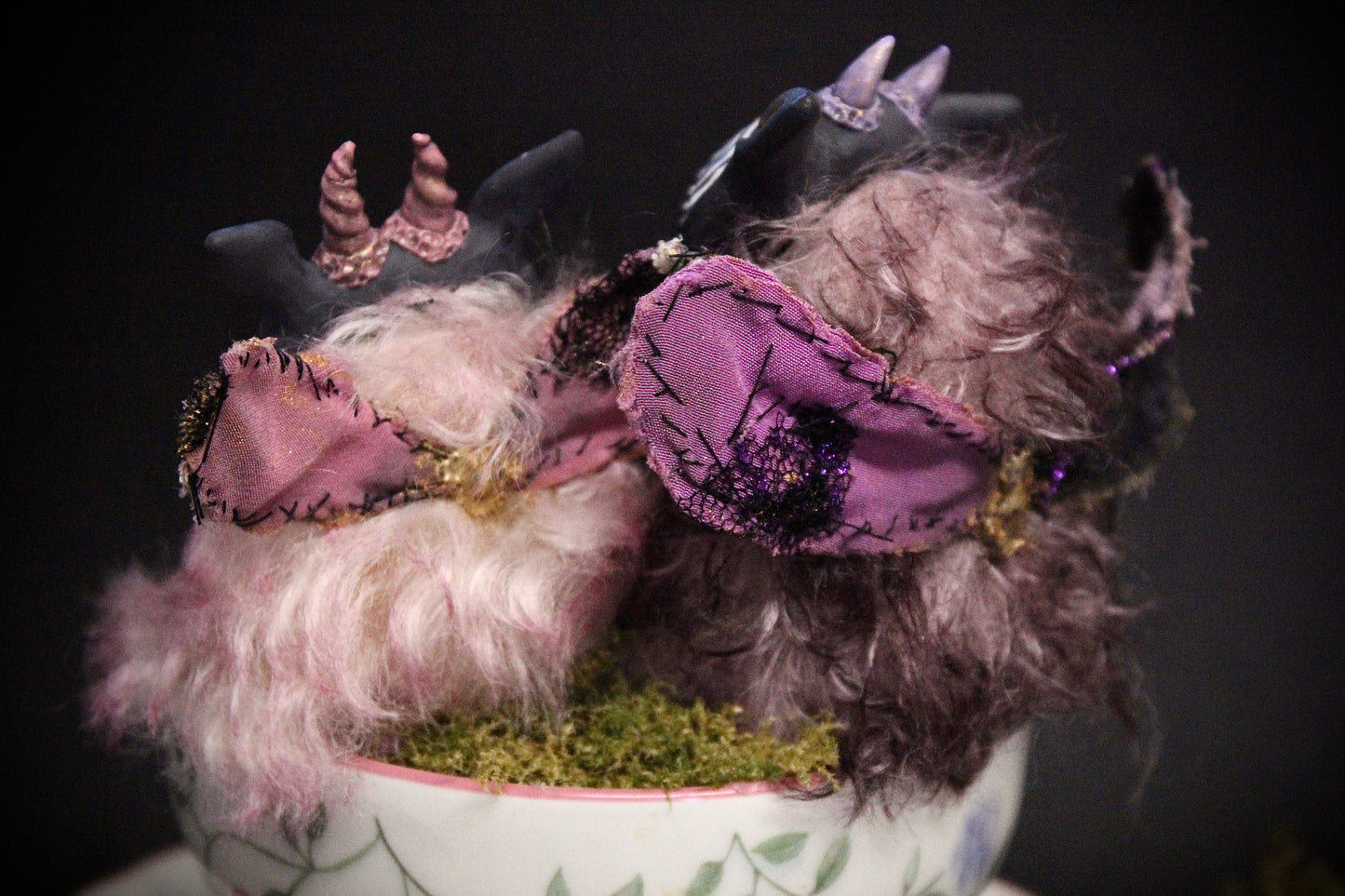 Mint and Raspberry the Moth Teacup Critter duo