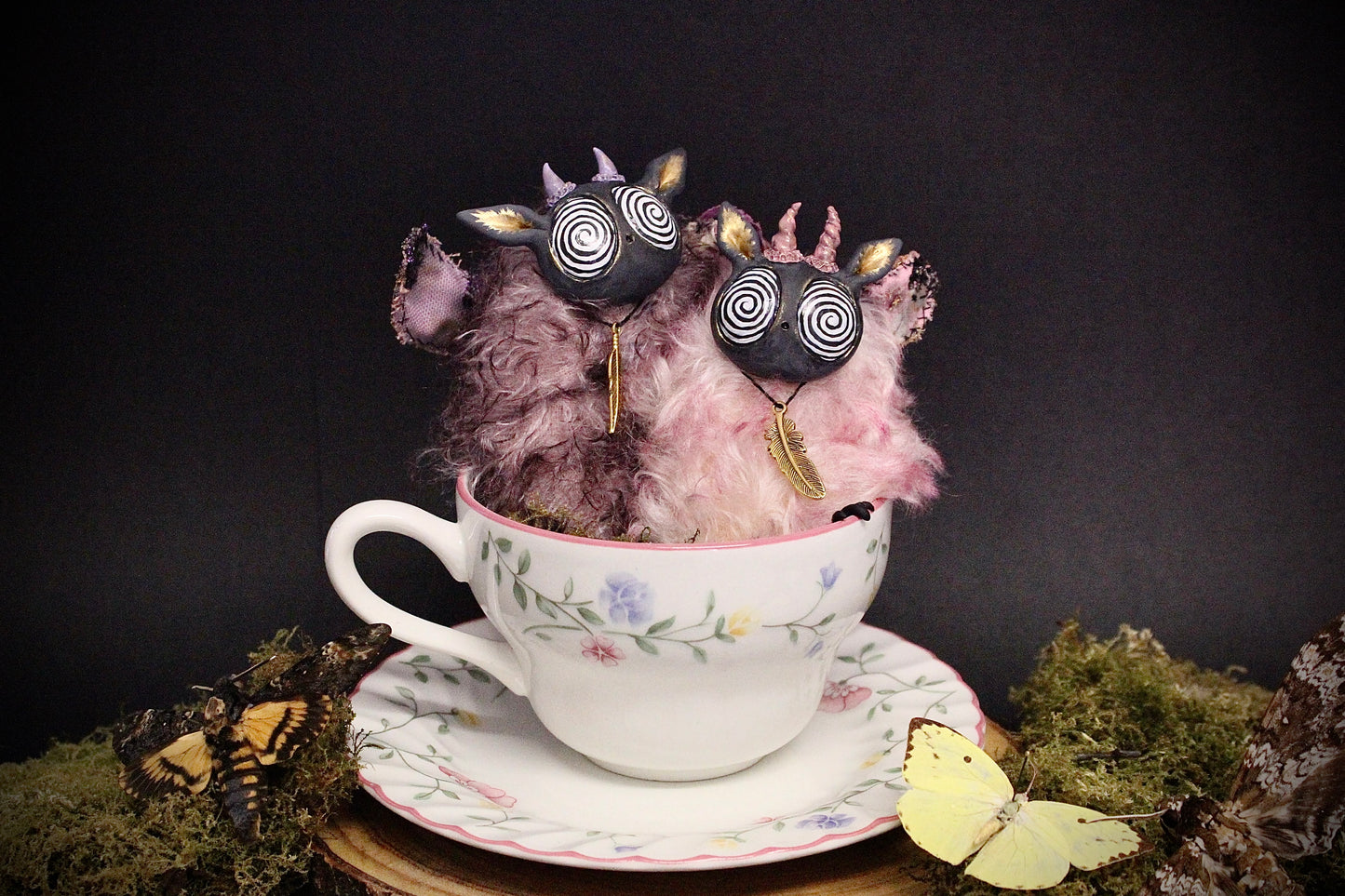 Mint and Raspberry the Moth Teacup Critter duo