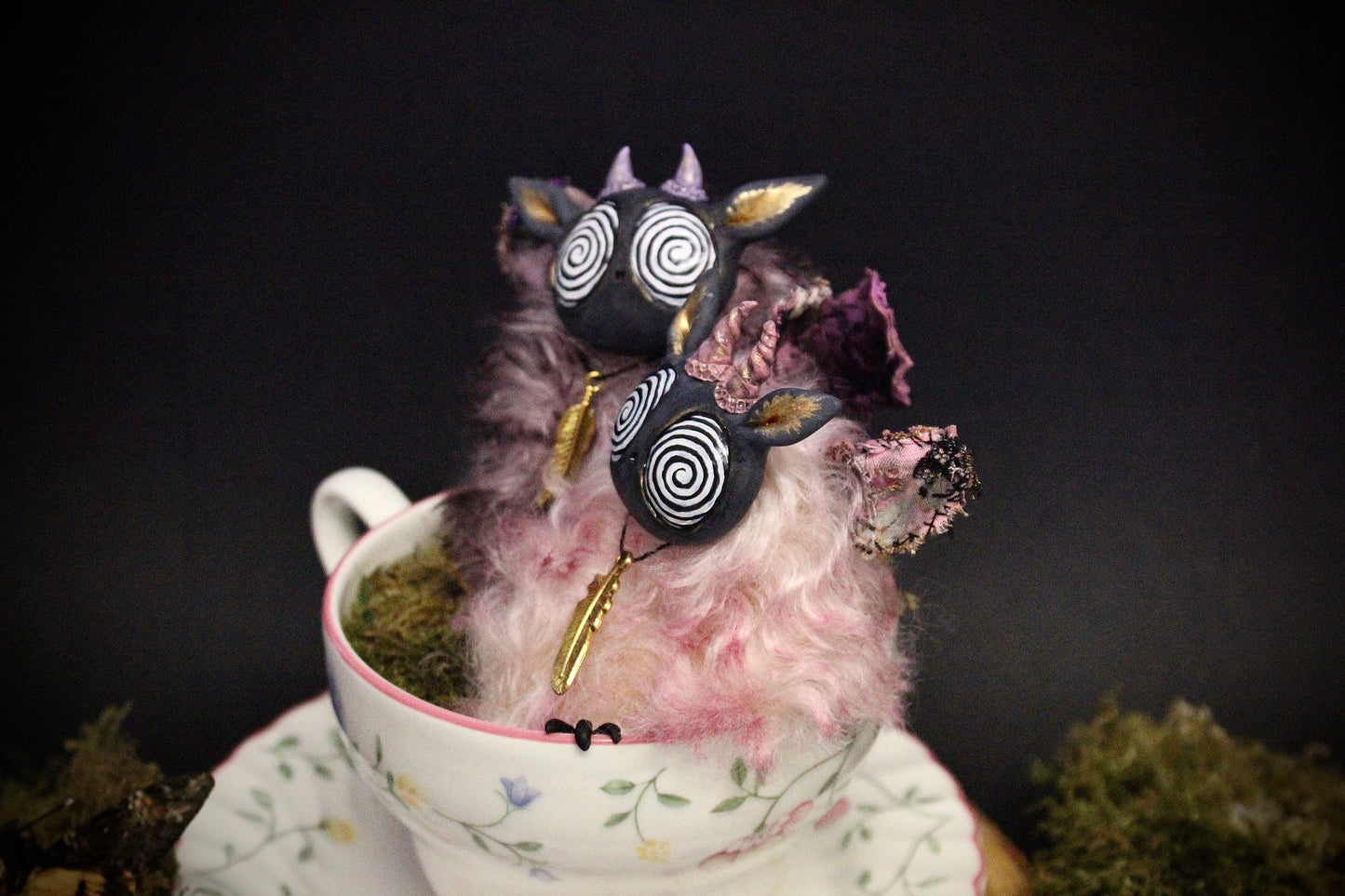 Mint and Raspberry the Moth Teacup Critter duo