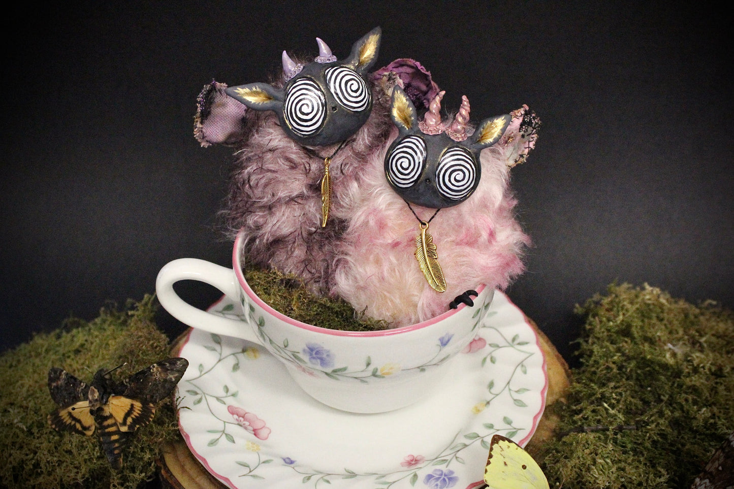Mint and Raspberry the Moth Teacup Critter duo